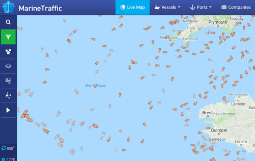 Carte du trafic marin en live pour les chaluts